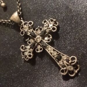 Lia Sophia cross pendant necklace brassy finish with black crystal & rhinestones